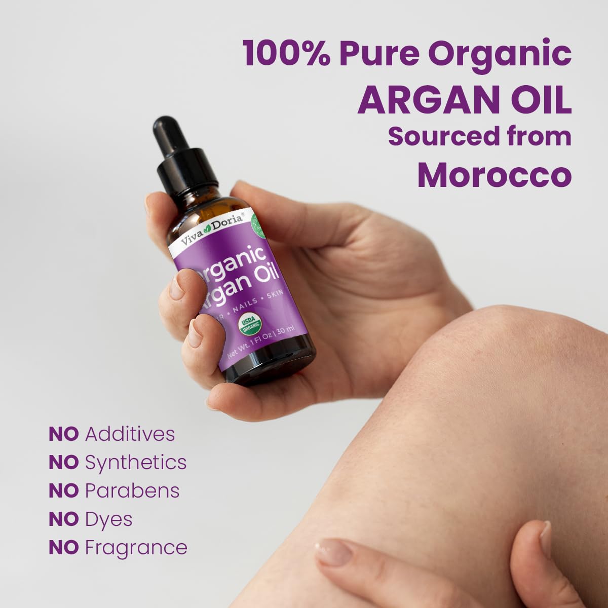 Viva Doria Organic Argan Oil, 1 Fl Oz, Pure Cold Pressed Natural Beauty Oil for Face, Hair, Body, Unscented