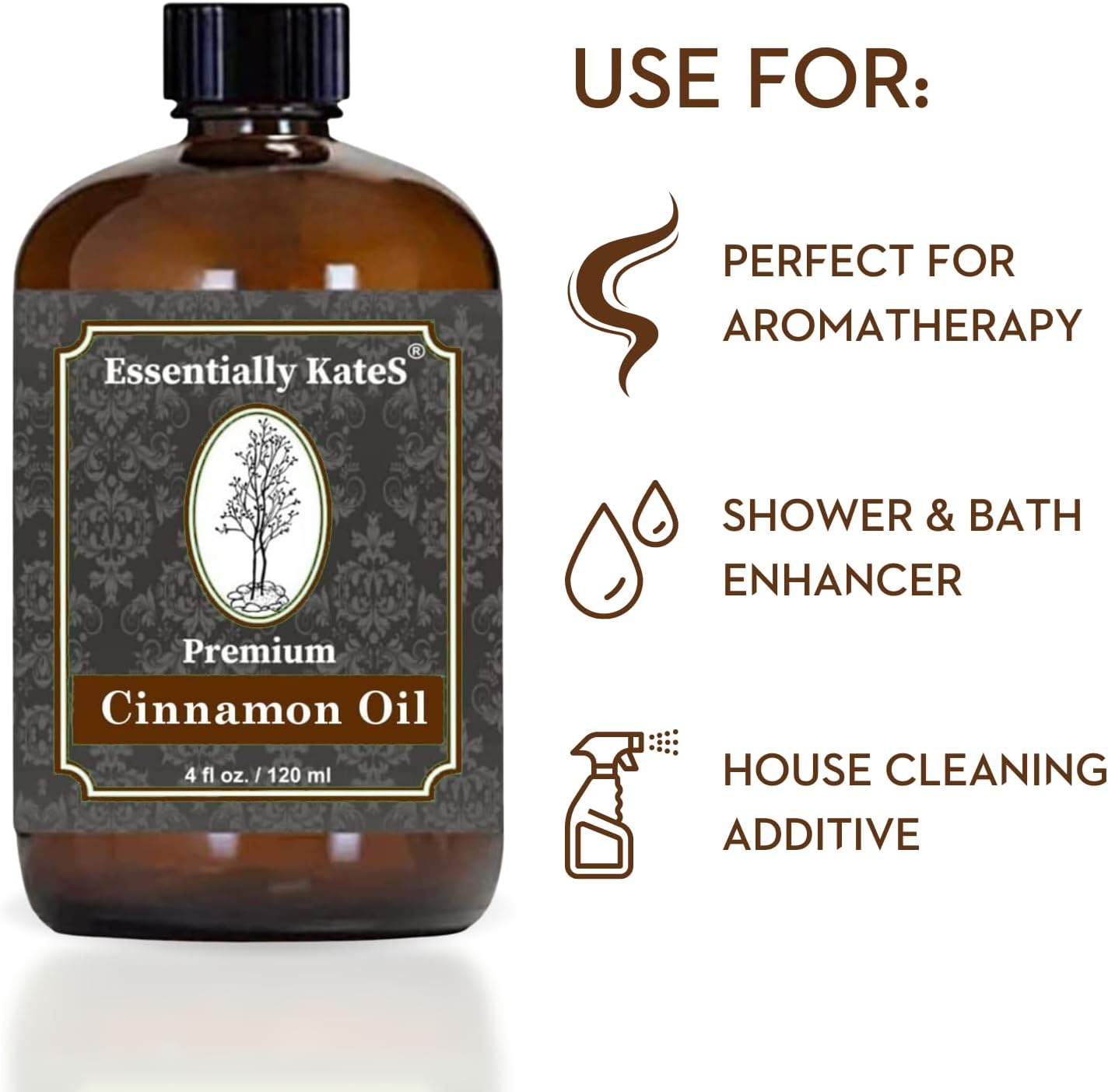 Premium Cinnamon Oil 4 Fl Oz with Huge Dropper and Sprayer - 100% Pure, Natural & Therapeutic - Cleaning, DIY Soap, Diffuser, Aromatherapy, Garden and Kitchen - Indoor and Outdoor