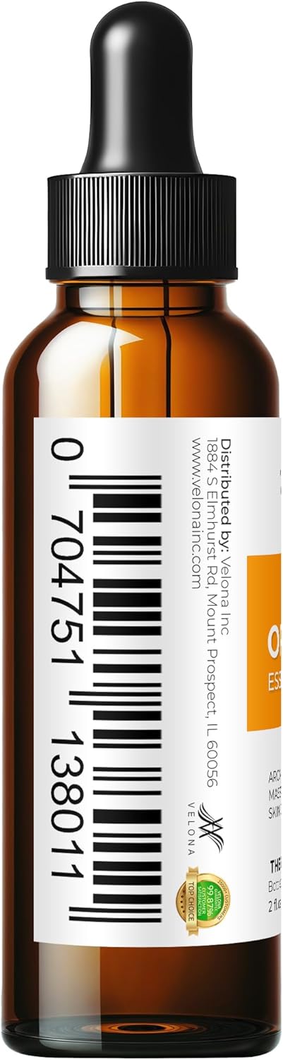 Orange Essential Oil by Velona - 2 Fl Oz | Therapeutic Grade | for Aromatherapy Diffuser, Massage, Skincare, Haircare, Soapmaking | Undiluted