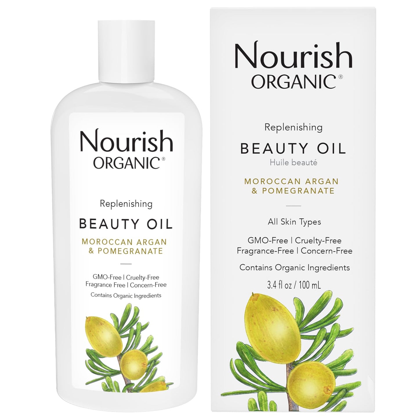 Nourish Organic Replenishing Beauty Oil, For Body, Face and Hair with Pomegranate and Moroccan Argan, 3.4 Ounce