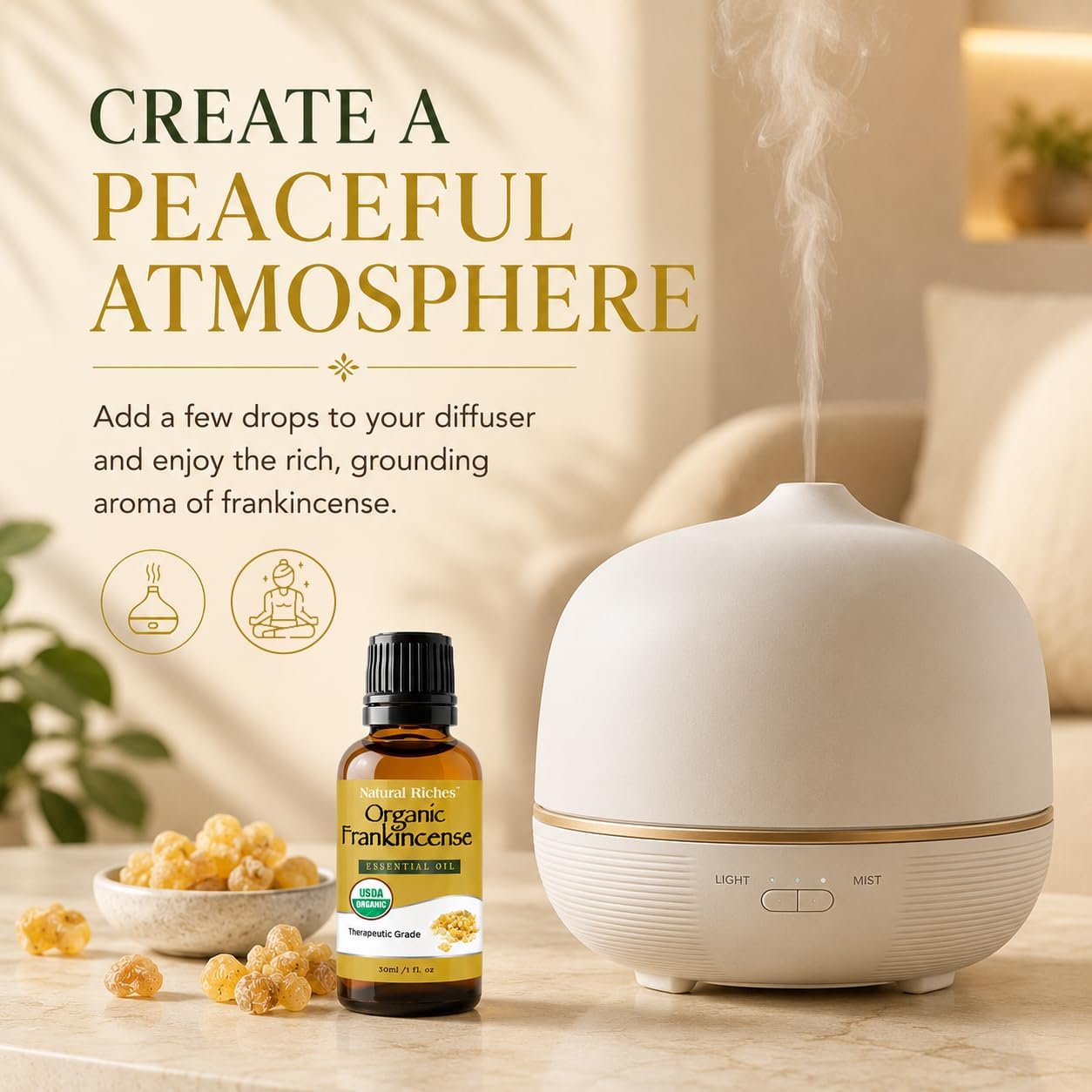 Natural Riches USDA Organic Frankincense Essential Oil 30 ml - Boswellia Serrata, 100% Pure Natural Undiluted, Therapeutic Grade for Diffuser Aromatherapy Premium Certified Organic