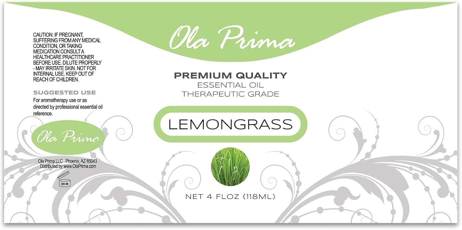 Ola Prima Lemongrass Essential Oil 4 oz Lemon Grass Essential Aromatherapy Oil for Skin, Hair and Diffuser
