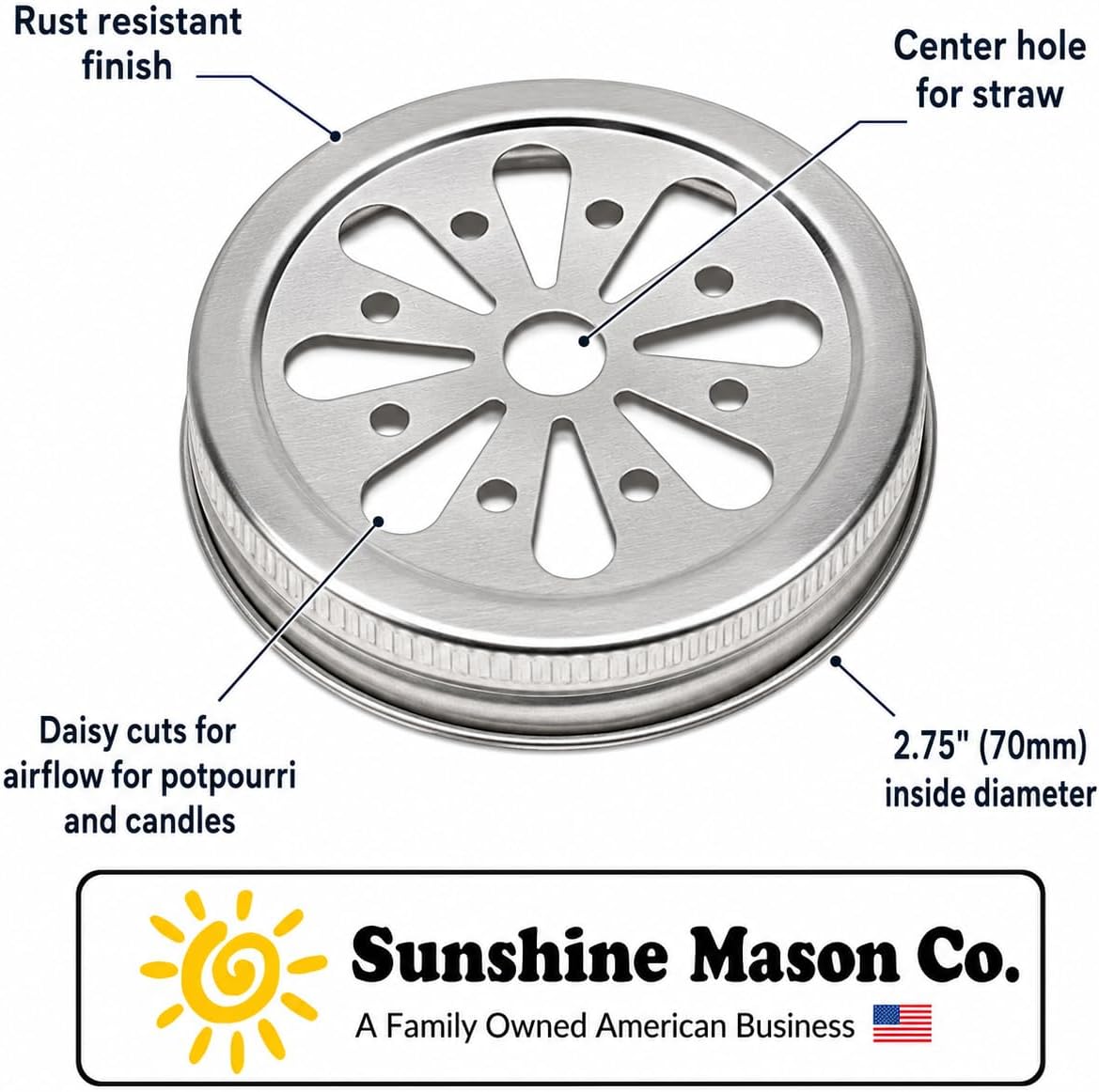 Sunshine Mason Co. Daisy Flower Cut Vintage Farmhouse Mason Jar Lids 12 Pieces, Silver