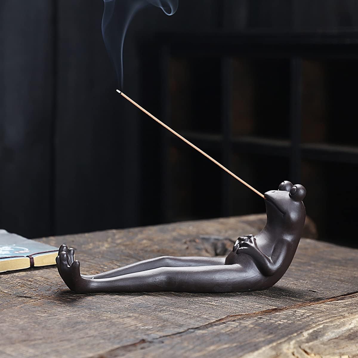 ChangWanna Frog Incense Stick Holder - Ceramic Insence Burner Ash Catcher, Insense Stand with 45 Sandalwood Sticks, Ornament for Aromatherapy/Yoga/Meditation/Home Living Room Office Decor