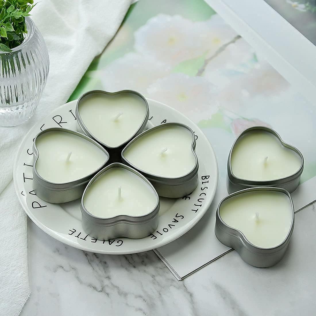 DEYBBY Jasmine Scented Soywax Tealight Candles, White Heart Shaped Aromatherapy Candles Gifts Tins for Women, Mother, Wife, Lover (Pack of 6)