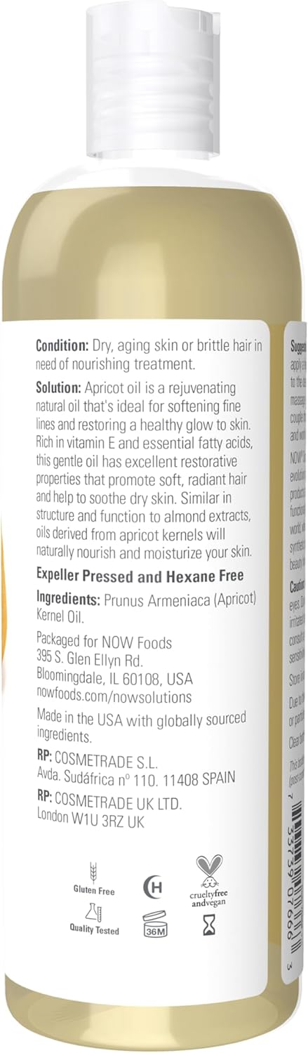 NOW Foods Solutions, Apricot Kernel Oil, Hair Moisturizer, Rejuvenating Skin Oil, Softens Fine Lines, 16-Ounce