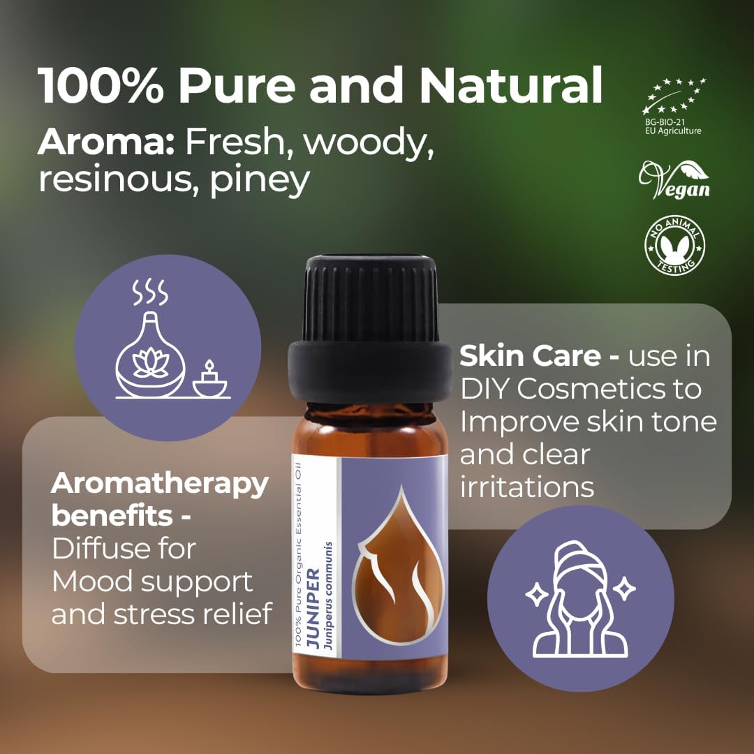 Essences Bulgaria Organic Juniper Essential Oil 1/3 Fl Oz | 10ml | Juniperus communis | 100% Pure and Natural | Undiluted | Therapeutic Grade | Family Owned Farm | Steam-Distilled | Non-GMO | Vegan