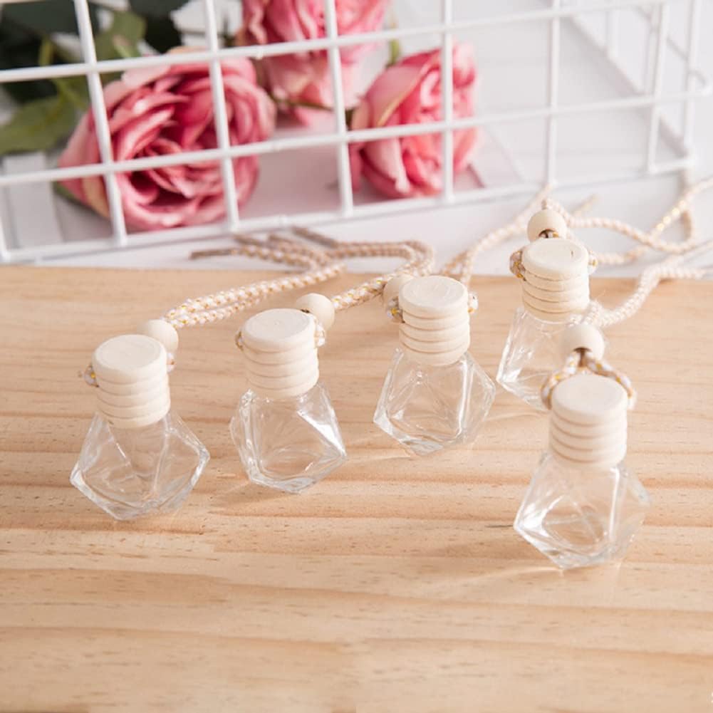 4Packs 8ml Hanging Car Air Freshener Perfume Bottle, Refillable Aromatherapy Fragrance Clear Empty Essential Oil Diffuser Pendant Auto Ornaments Decor Accessories with Wooden Caps (4Packs)