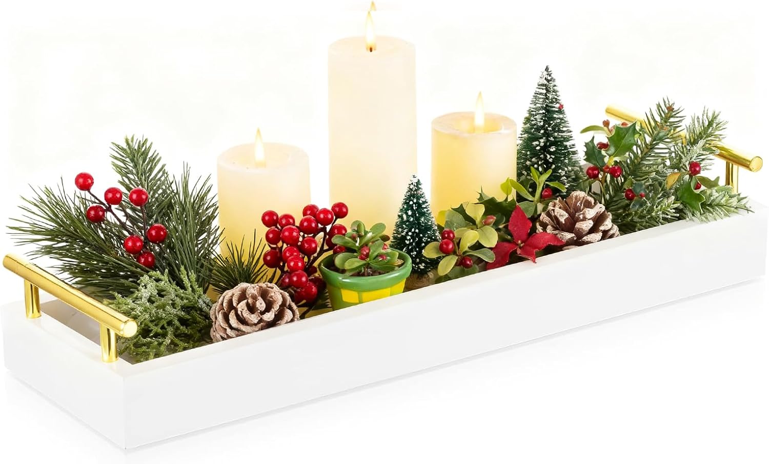Hanobe Long Tray for Table Centerpiece: Decorative Narrow Trays Wooden Candle Holder - Centerpiece Tray with Handles for Home Decor Dining Table Coffee Bar Living Room,White