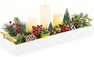 Hanobe Long Tray for Table Centerpiece: Decorative Narrow Trays Wooden Candle Holder - Centerpiece Tray with Handles for Home Decor Dining Table Coffee Bar Living Room,White