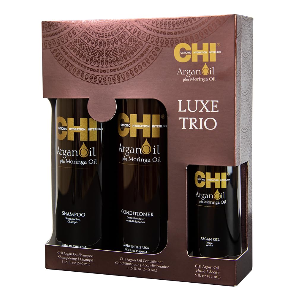 CHI Argan Oil Luxe Trio Kit, Professional Salon Quality Shampoo, Conditioner & Moringa Oil for Dry Damaged Hair Repair, Frizz Control, Moisture & Shine