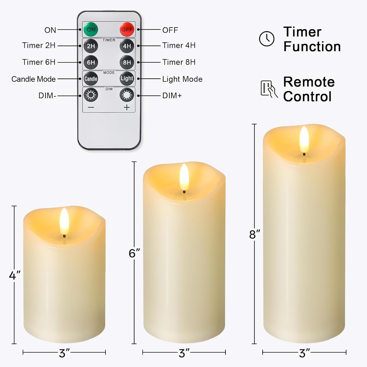 Outdoor Flameless Candles with Remote Timer - Waterproof Realistic Flickering LED Pillar Electric Battery Operated Fake Candle for Home Patio Wedding Fireplace Decor - Ivory 3 Pack (D3”H4”6”8”)