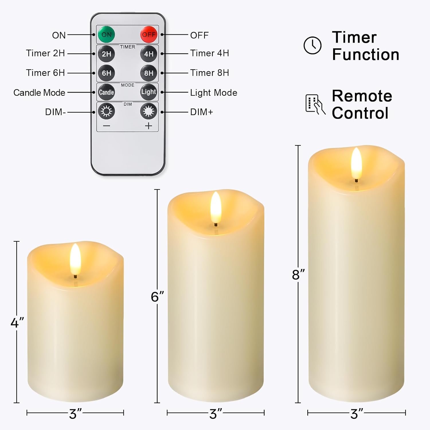 Outdoor Flameless Candles with Remote Timer - Waterproof Realistic Flickering LED Pillar Electric Battery Operated Fake Candle for Home Patio Wedding Fireplace Decor - Ivory 3 Pack (D3”H4”6”8”)