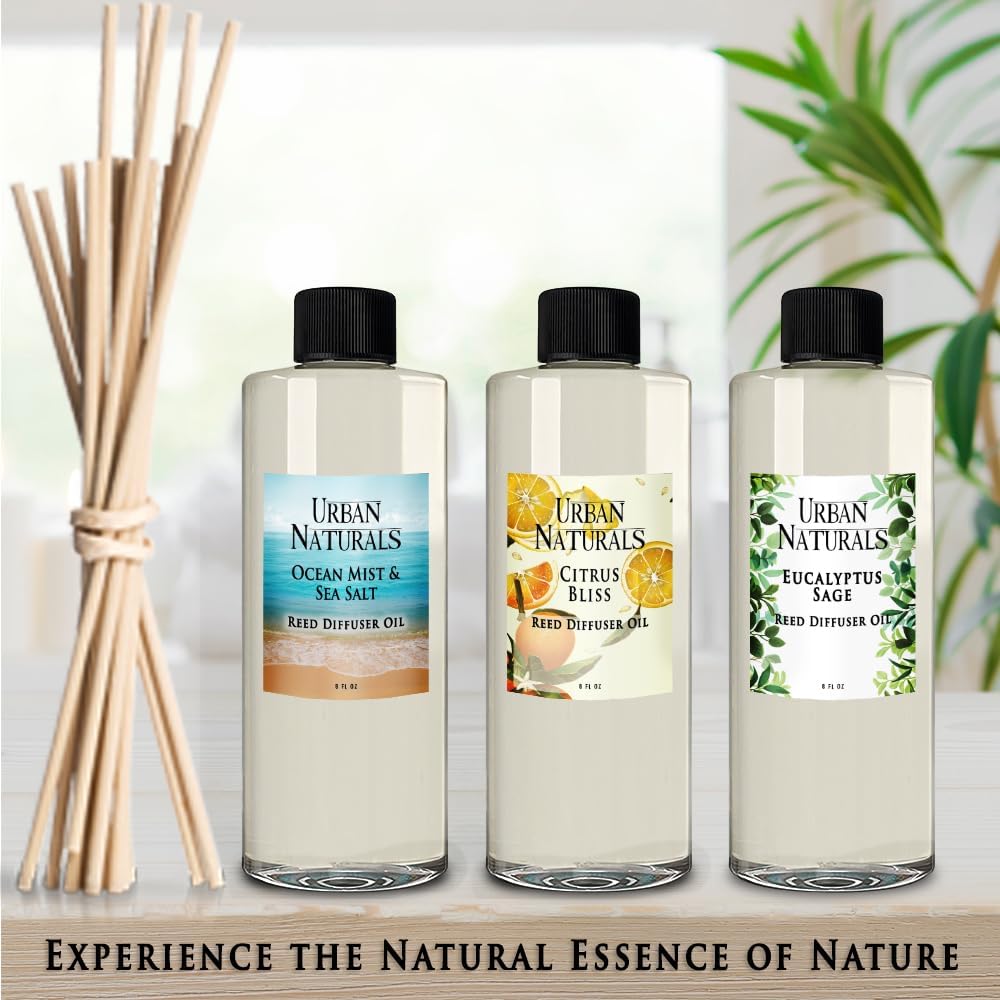 Urban Naturals Reed Diffuser Oil Refill Ocean Mist Sea Salt with Salt Spray, Violet Leaf, Sea Grass, Driftwood 8 oz + Free Reed Sticks, Made in the USA