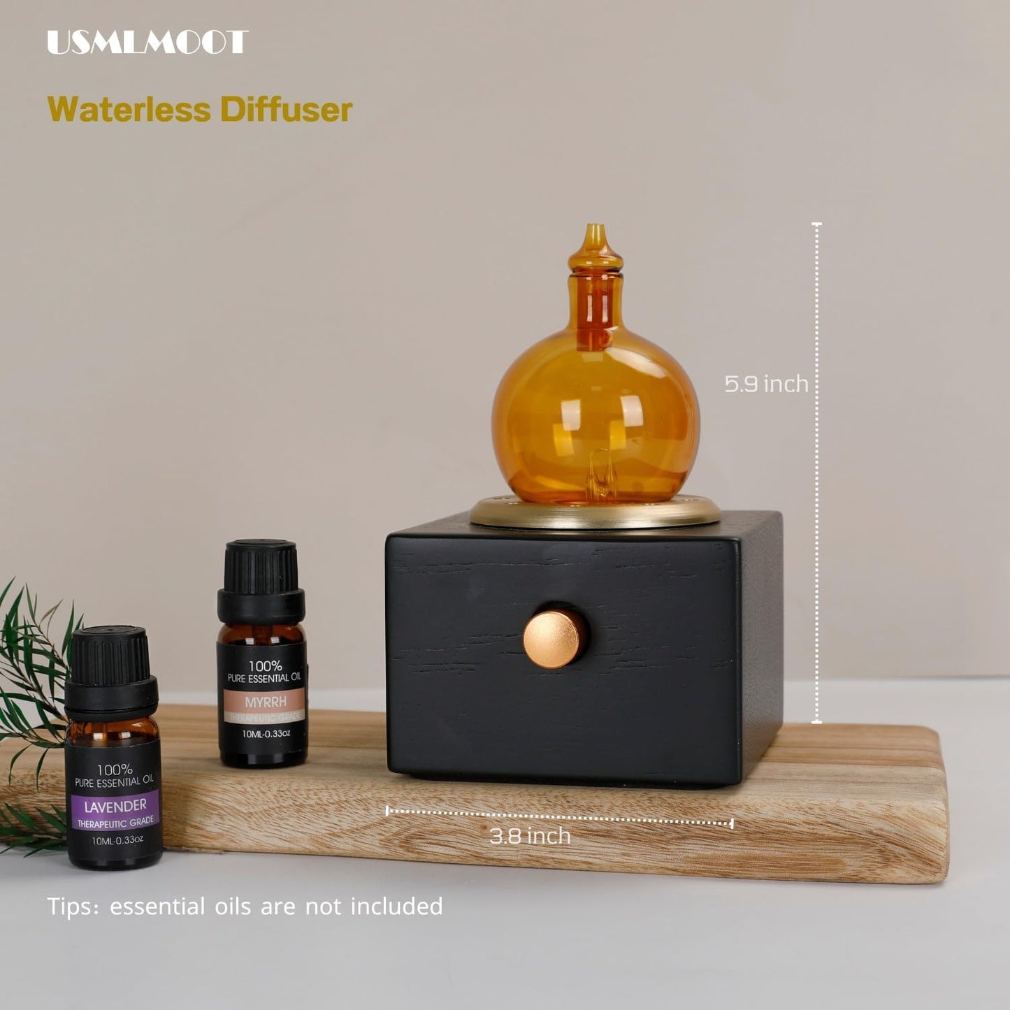 Cordless Aroma Oil Nebulizer - Waterless Diffuser for Essential Oil with Glass & Wood, Rechargeable Portable Nebulizing Machine, Battery Operated up to 40h - Gold & Fire Original Design