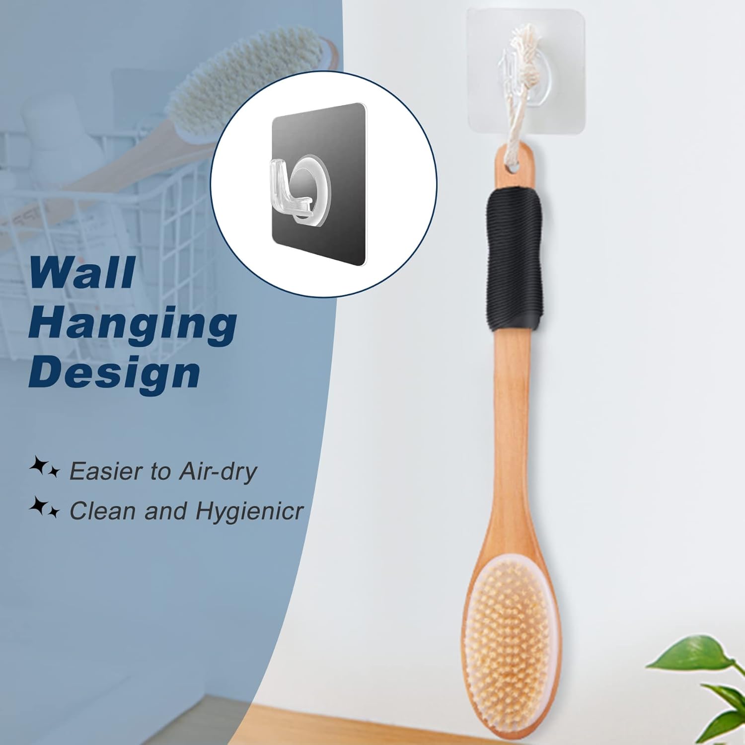 KIPRITII Ergonomically Back Scrubber for Shower,Double-Sided Back Long Handle Wet & Dry Brush for Cellulite and Lymphatic (Black)