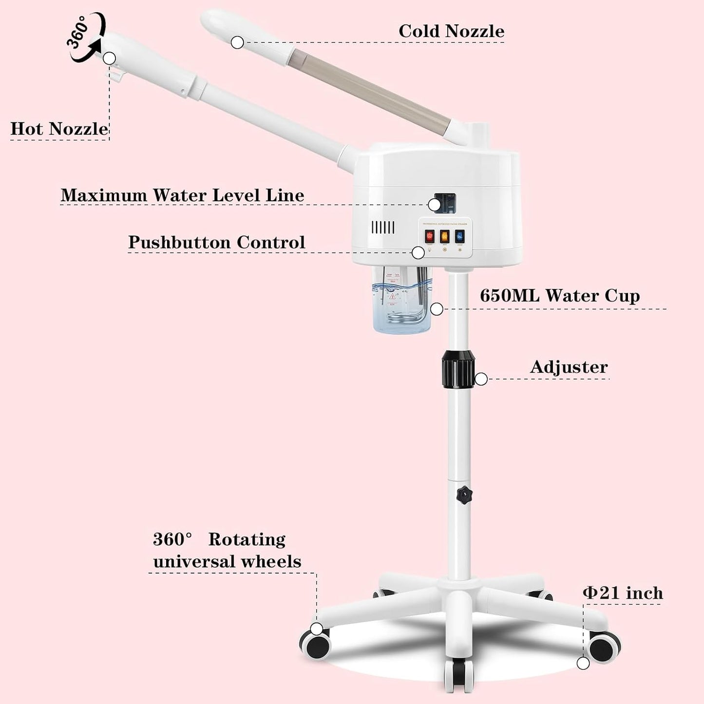 2 in 1 Hot & Cold Mist Facial Steamer, Professional Face Steamer on Wheels for Beauty Salon, Spa and Home Use
