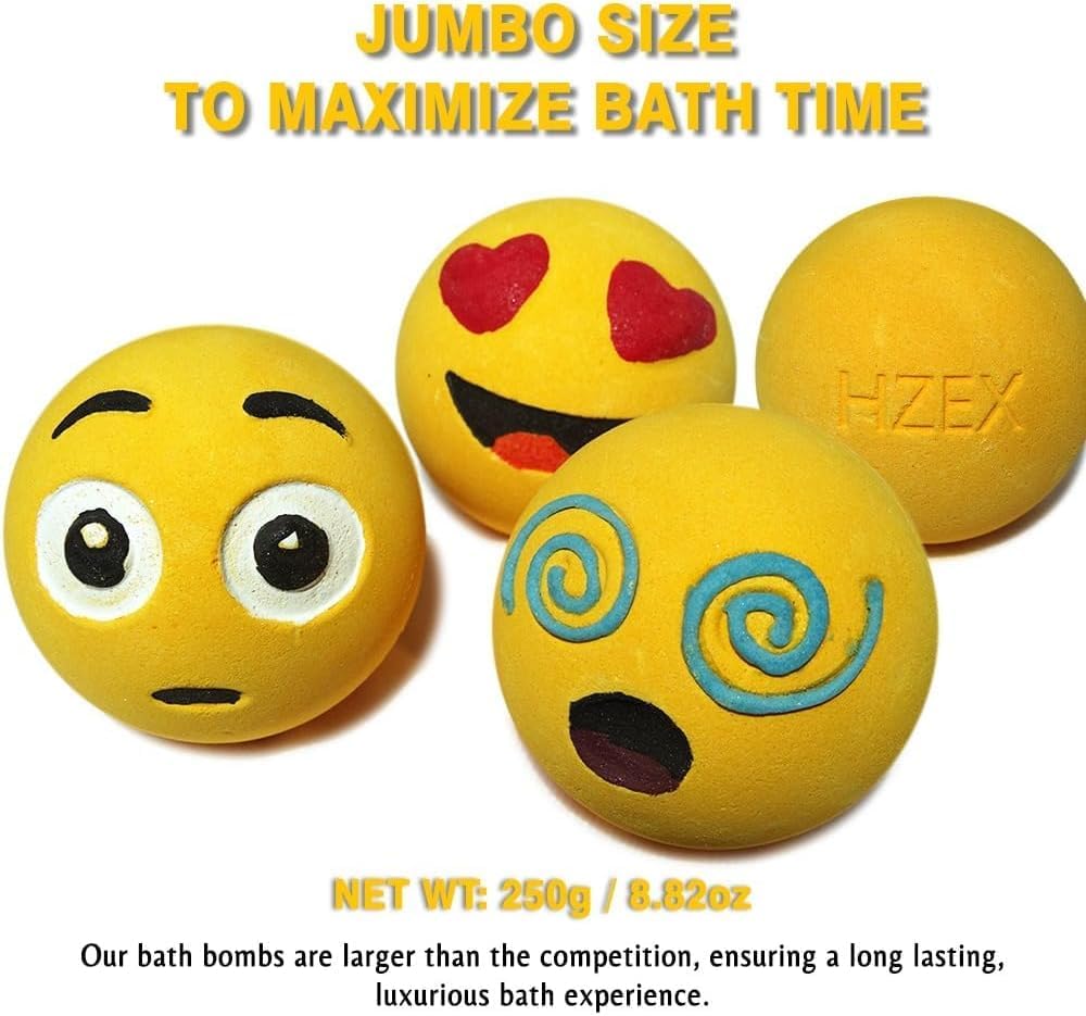 HZEX 3 Large Emotion Face Bath Bombs (250g) – Fun Emoji-Inspired Spa Fizzies – Handmade with Shea Butter, Cocoa Butter & Essential Oils – Moisturizing Gift Set for Women, Men & Kids