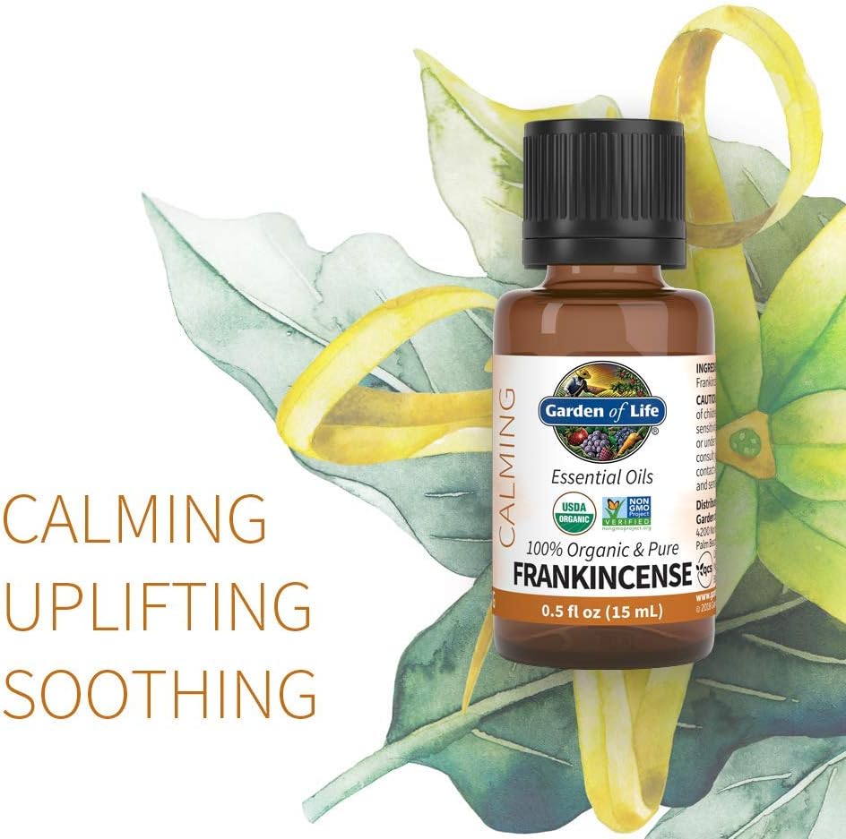 Garden of Life Essential Oil, Frankincense 0.5 fl oz (15 mL), 100% USDA Organic & Pure, Clean, Undiluted & Non-GMO - for Diffuser, Aromatherapy, Meditation, Skincare - Calming, Uplifting, Soothing