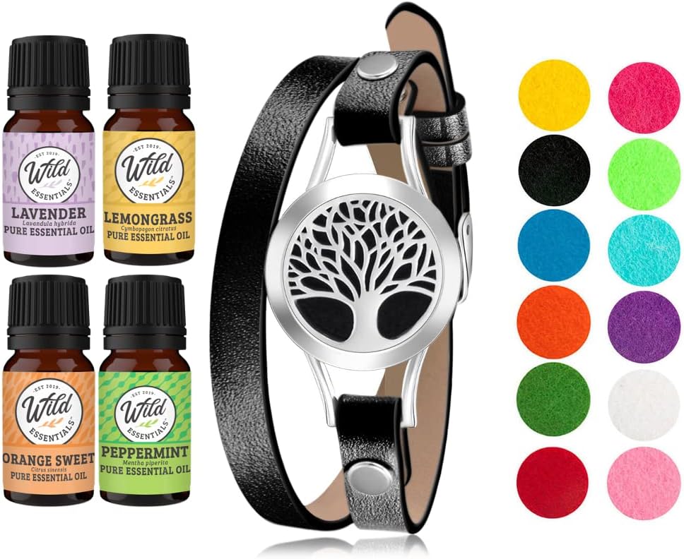 Wild Essentials Tree of Life Essential Oil Leather Wrap Bracelet Diffuser Kit, Gift Set, Lavender, Lemongrass, Peppermint, Orange Oils, 12 Pads, Customizable Color Changing Perfume Jewelry, Black
