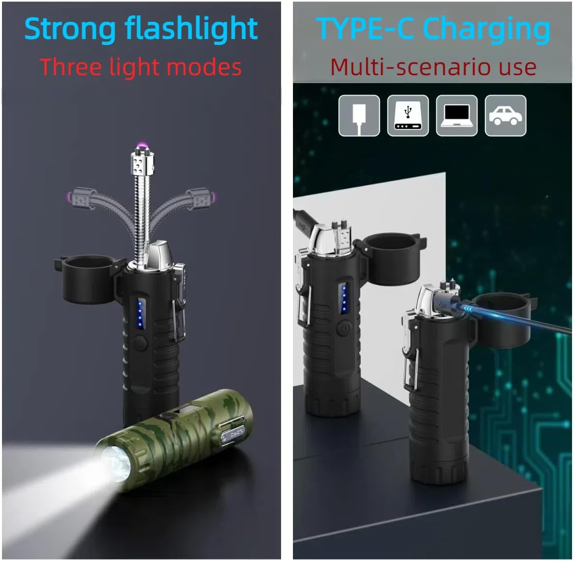Electric Lighter, Flexible Neck Plasma Arc Lighter, USB C Rechargeable Lighters, Windproof and Waterproof Lighters with Flashlight for Candles, Hiking, Camping, Outdoor Adventure (Black)