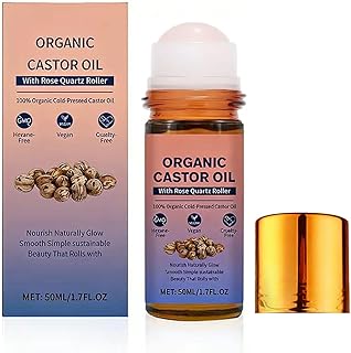 Organic Castor Oil Roll On with Rose Quartz Roller, 100% Castor Oil Organic Cold Pressed, Hexane-Free, for Face and Body, Hair, Eyebrows, Moisturize Skin -1pcs