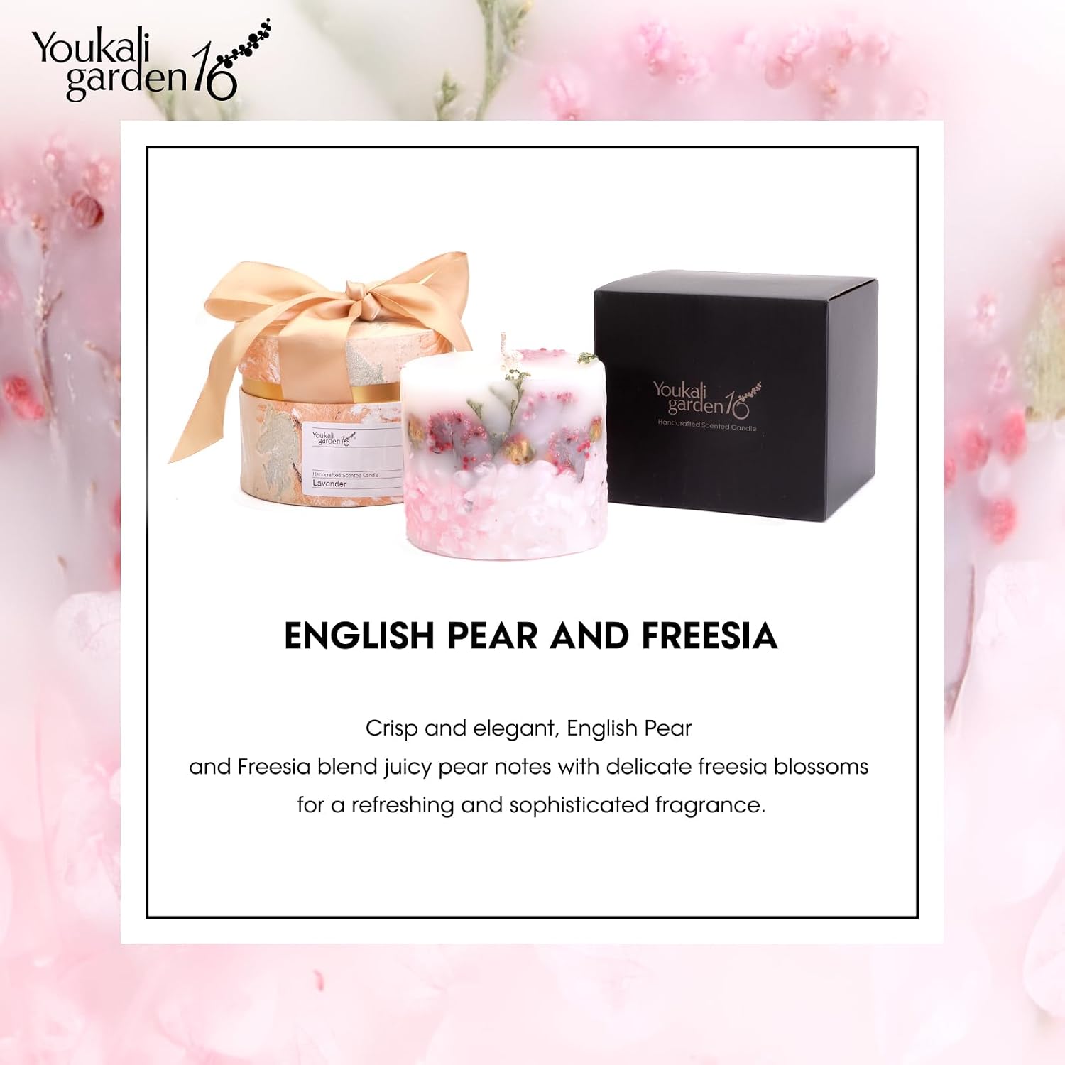 Scented Soy Candle for Women - Long-Lasting Natural Pillar Candle with Dried Flowers - Poured Luxury Candle for Mothers Day Gifts (English Pear & Freesia)
