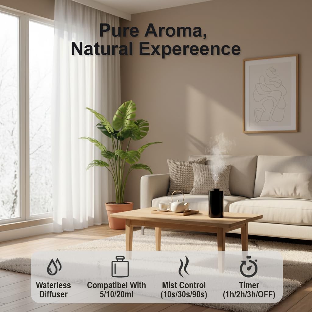 Waterless Essential Oil Diffuser with 20ml Capacity, Cordless Diffusers with 3 Mist Levels & Timers for Home Car Office
