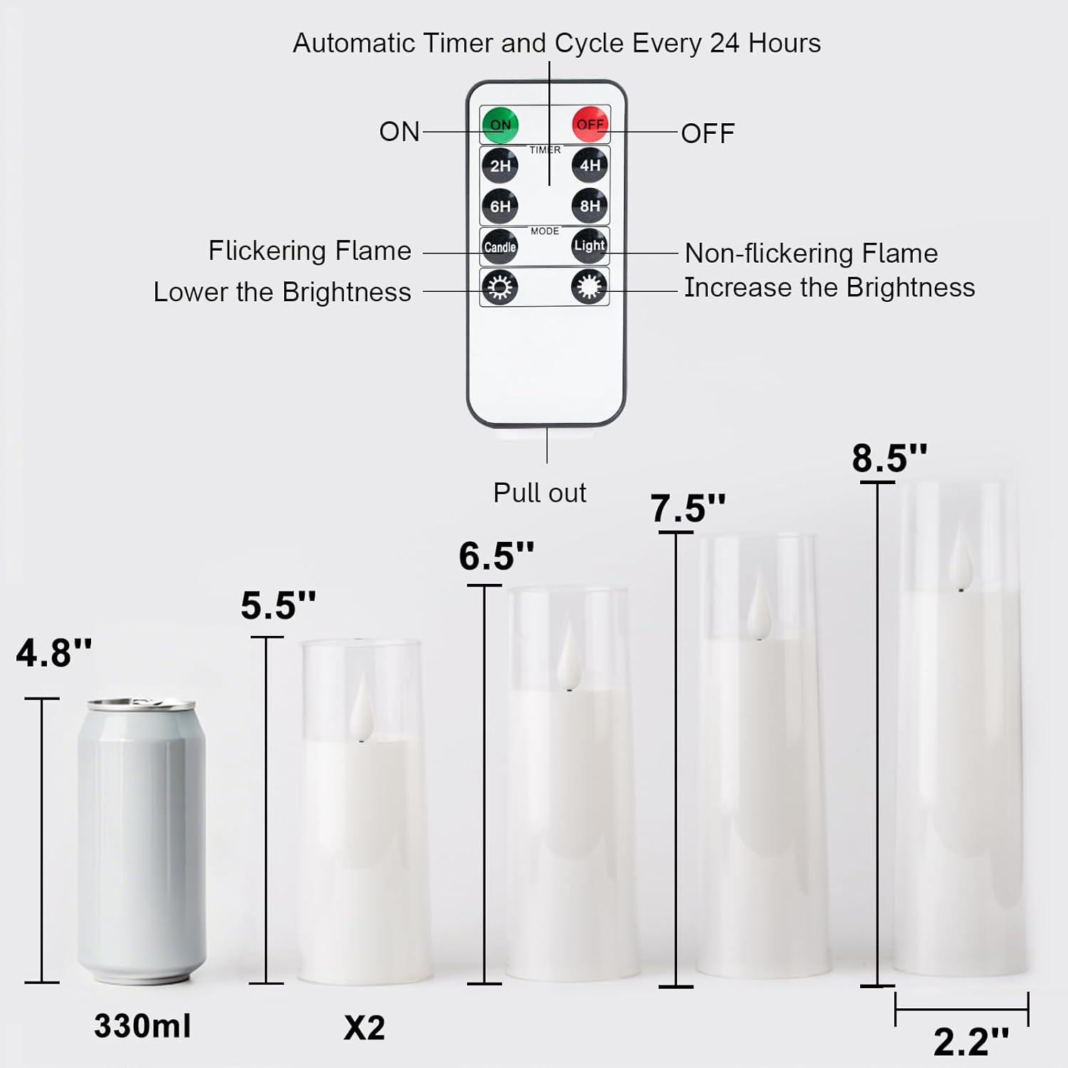 Amagic Pure White Acrylic Flameless Candles, Battery Operated Candles, Flickering LED Pillar Candles with Remote Control and Timer, Warm Yellow Light, D2.2 xH5 5" 6" 7" 8", Set of 5