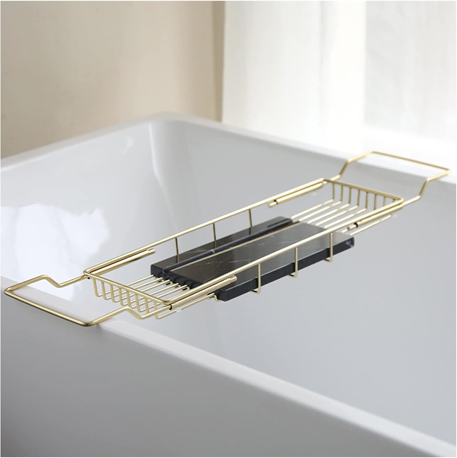 Bathtub Caddy Tray, Home Stainless Steel Bath Tub Table Shelf with Marble Chopping Board, Adjustable Bath Storage Platform for Hotel Shower Stall,