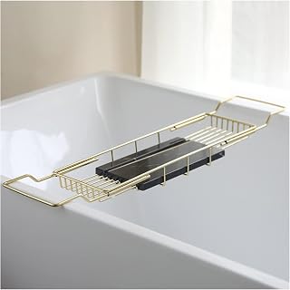 Bathtub Caddy Tray, Home Stainless Steel Bath Tub Table Shelf with Marble Chopping Board, Adjustable Bath Storage Platform for Hotel Shower Stall,