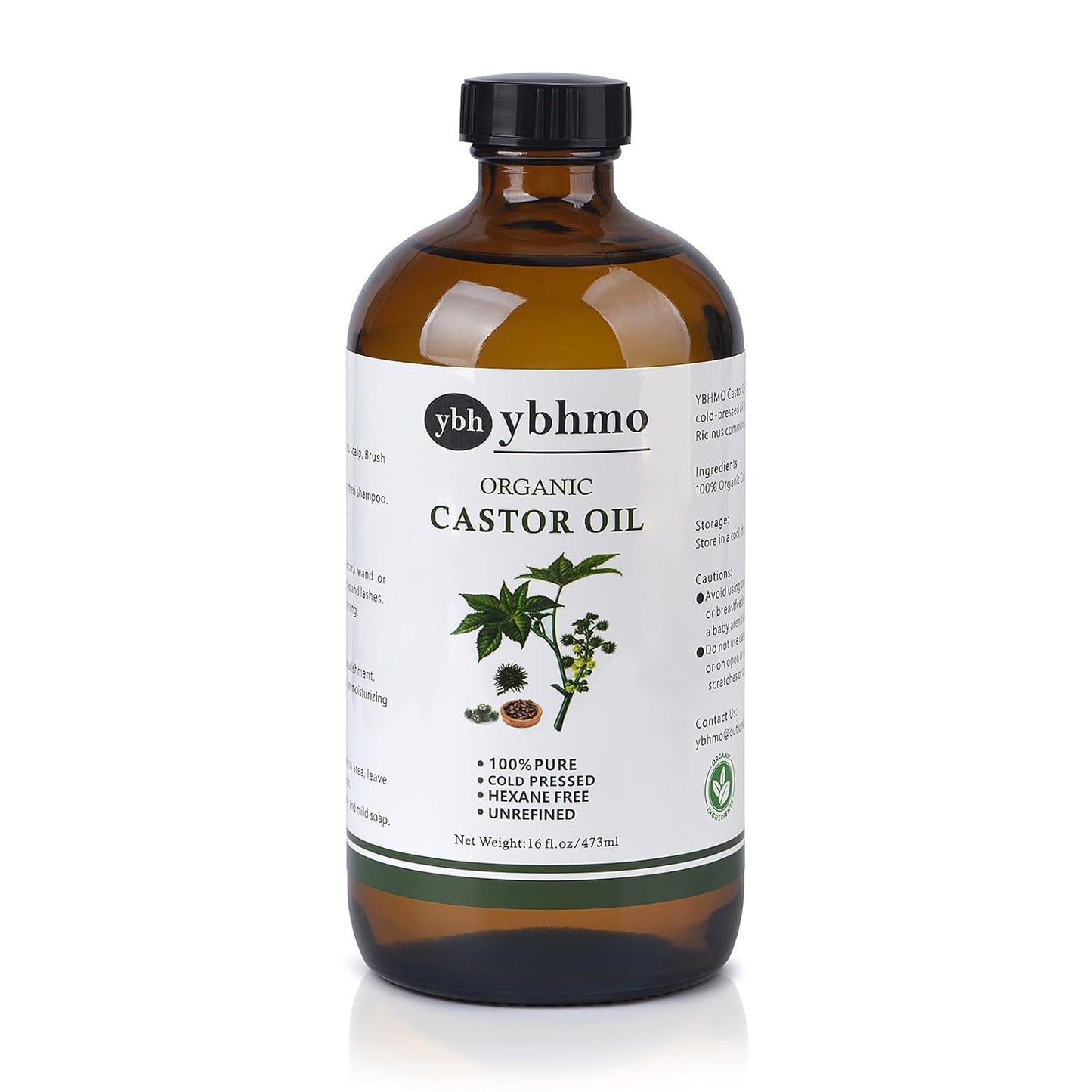 YBHMO Cold Pressed Castor Oil Organic Glass Bottle(16 Fl Oz),100% Pure ，Hexane Free for Hair Growth & Care, Castor oil pack & Moisturize Body Skin