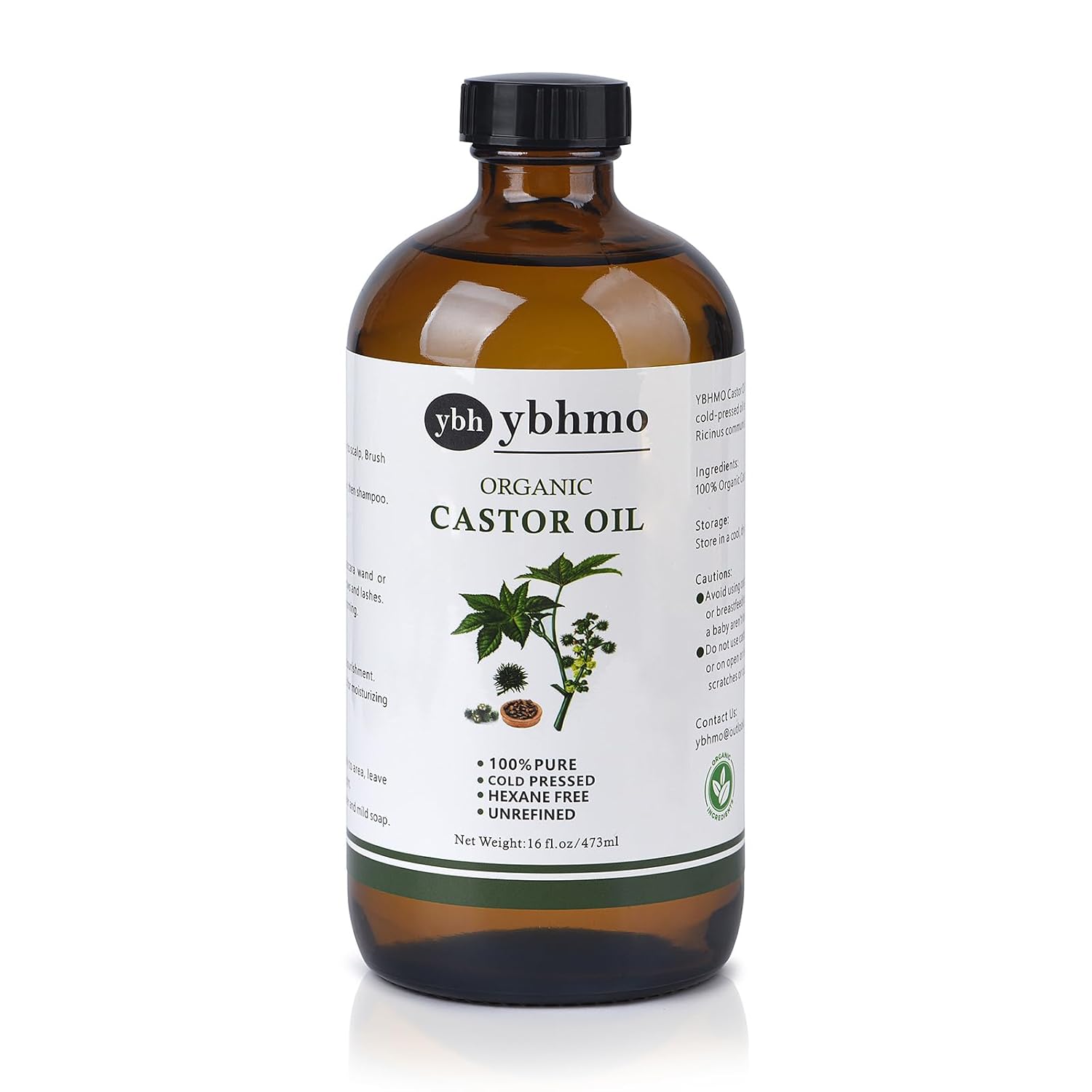 YBHMO Cold Pressed Castor Oil Organic Glass Bottle(16 Fl Oz),100% Pure ，Hexane Free for Hair Growth & Care, Castor oil pack & Moisturize Body Skin