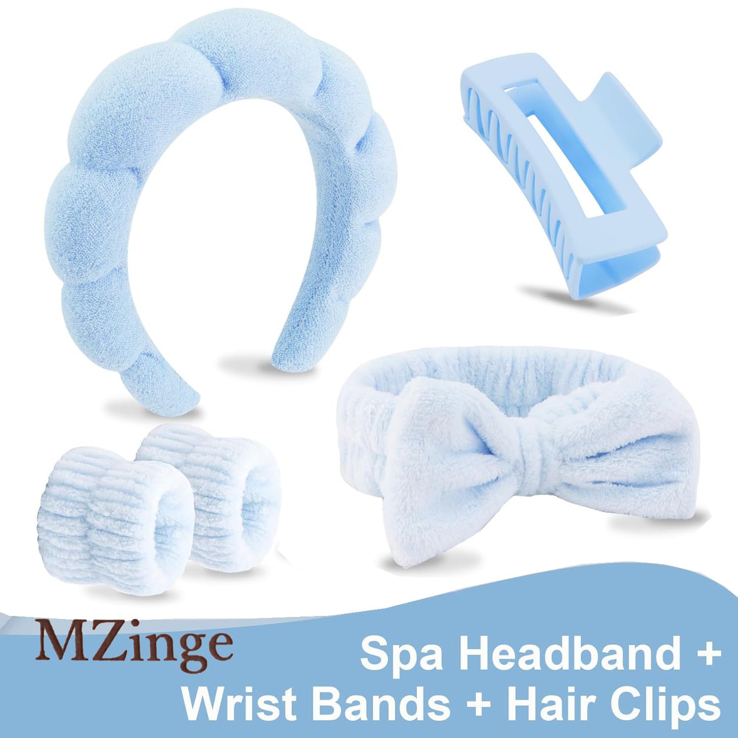 5 Pcs Spa Headbands for Wash Face, Makeup Headband, Facial Skincare Headbands, Puffy Sponge Spa Headband Bow Tie Hair Band Hair Clips Wristband Set Women Girls (Blue)
