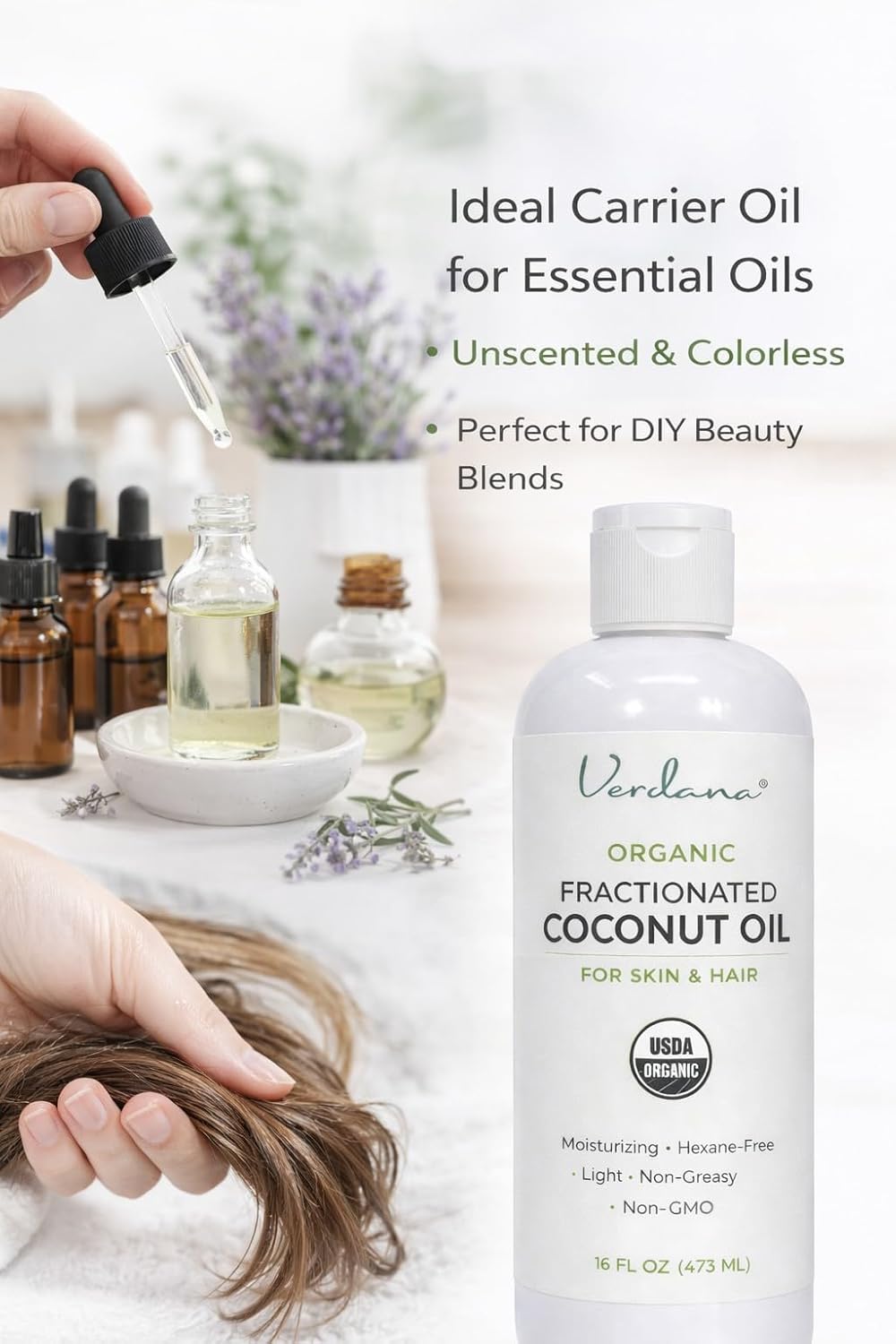 Verdana Organic Fractionated Coconut Oil for Skin & Hair – Lightweight, Fast Absorbing Carrier Oil for Essential Oils, Body & Scalp Care – USDA Organic, Unscented
