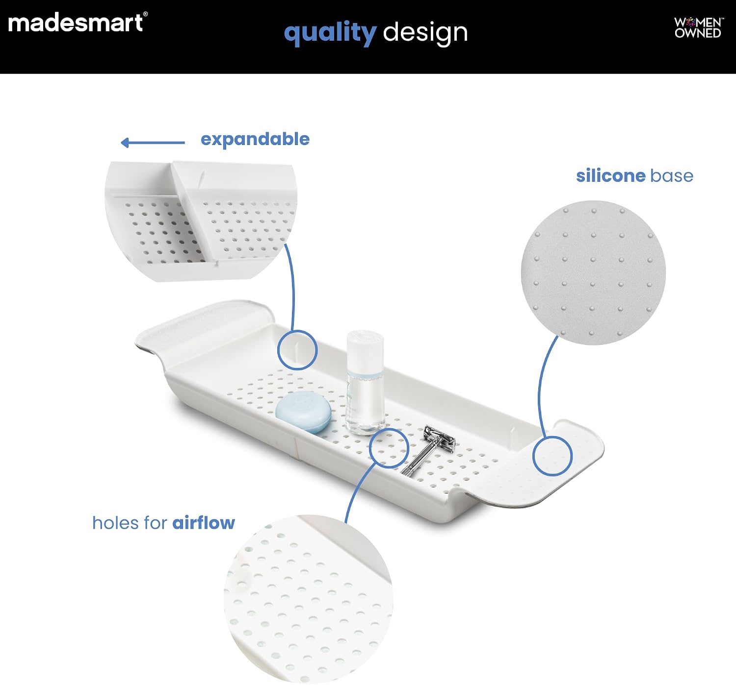 madesmart Expandable Bath Shelf, Adjustable Bathtub Tray for Bath-Night, Holds Glasses, Soaps, Toys & Bath Essentials, Non-Slip Grip, Fits Most Tubs, White