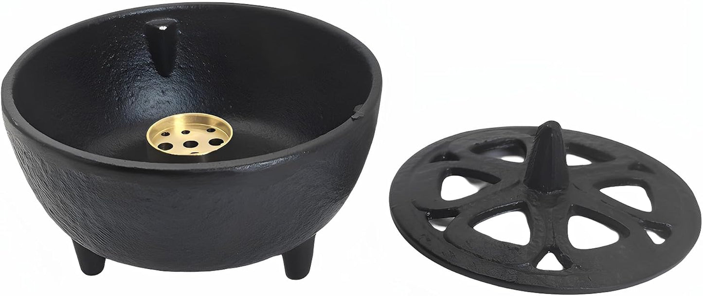 Small Cast Iron Incense Burner Holder, Home Decor, Bowl Design with Decorative Lid, Black Incense for Sticks, Resin, Cone Incense or Wax Melts