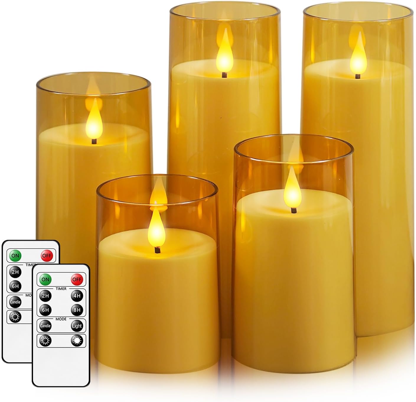 Fo32won Amber LED Flameless Pillar Candles Battery Operated with Remote Timer, 5 Pack 3D Flickering Acrylic Candles for Home Living Room Bedroom Fireplace Wedding Party Holiday Decor & Gift