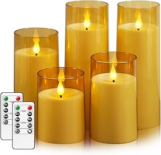 Fo32won Amber LED Flameless Pillar Candles Battery Operated with Remote Timer, 5 Pack 3D Flickering Acrylic Candles for Home Living Room Bedroom Fireplace Wedding Party Holiday Decor & Gift