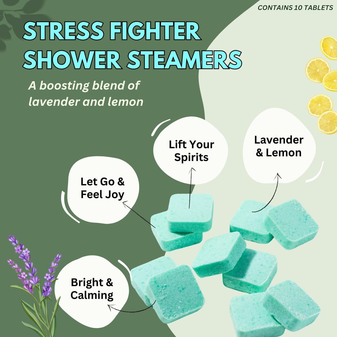 Stress Fighter Shower Steamers Aromatherapy for Relaxing - USA Made Mothers Day Gift for Mom - Lavender & Lemon Shower Bomb Tablets – Soothing Natural Essential Oils (10 Pack)