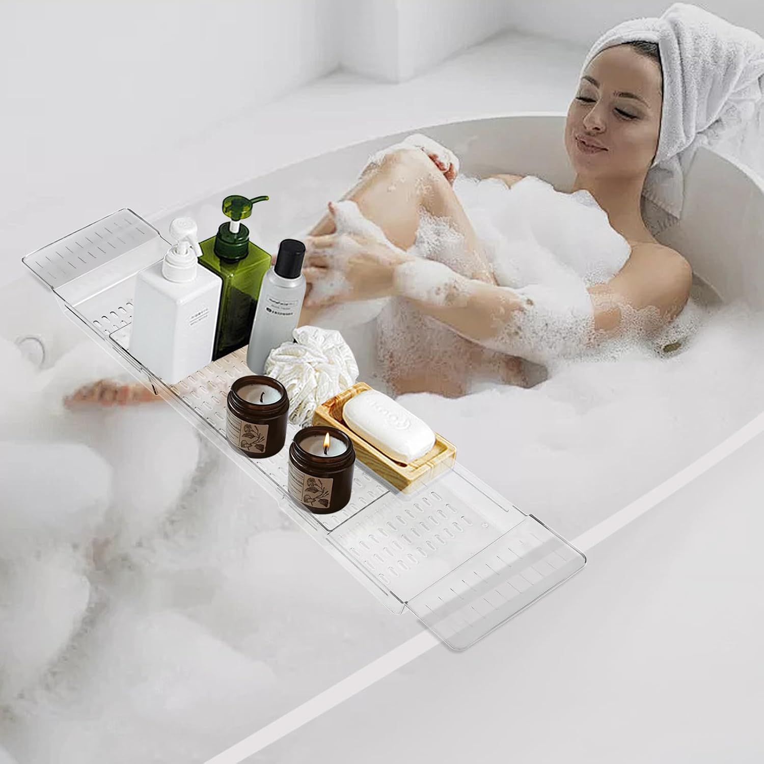 Expandable Clear Bathtub Tray, 24–32 in Slide-Out Flat Bath Shelf, Plastic Waterproof Spa Caddy for Tub & Shower, No-Slip Side Grips, Book Phone Wine Rest, Lightweight Easy-Wipe Storage Board