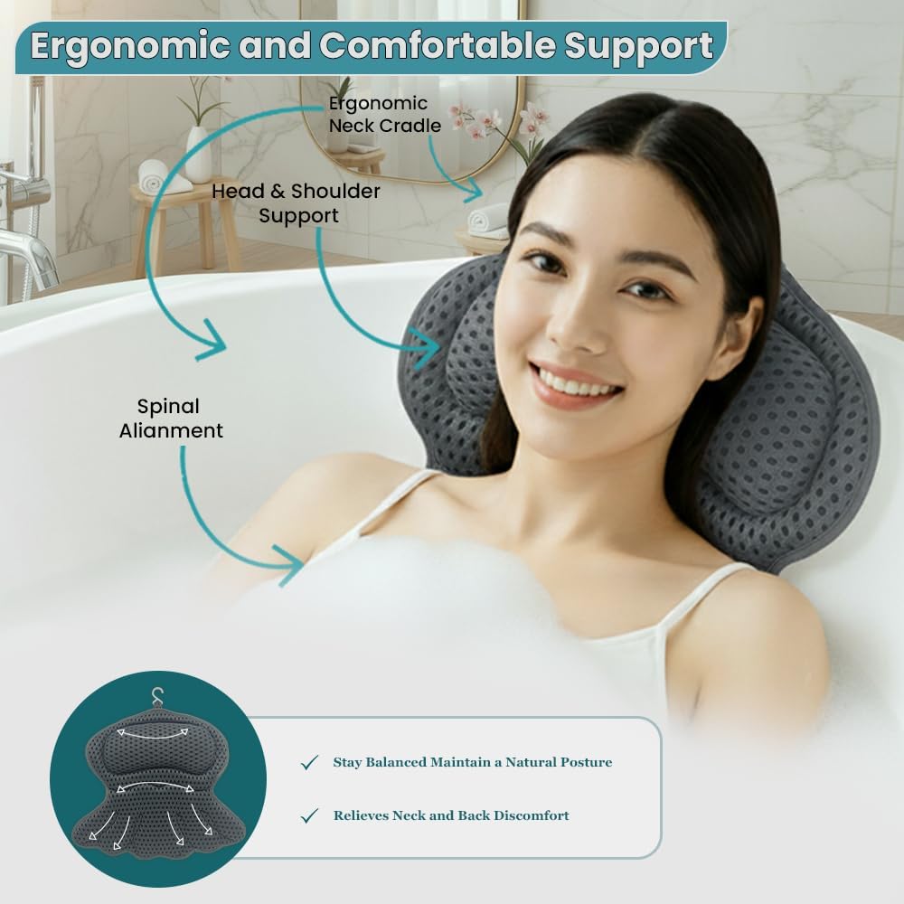 Bath Pillows for Tub, Bath Pillow Luxury Bathtub Pillows for Head and Neck Support - With 4D Air Mesh Fabric & Strong 6 Suction Cups, Tub Pillow For Bathtub, Bath Accessories & Spa Gifts For Women Men