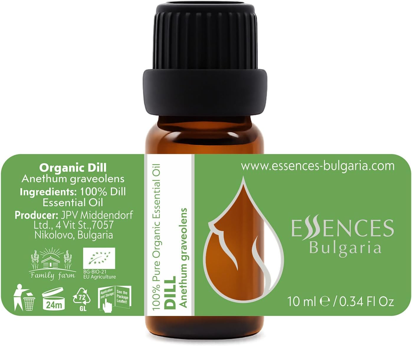 Essences Bulgaria Organic Dill Essential Oil 1/3 Fl Oz | 10ml | Anethum graveolens | 100% Pure and Natural | Undiluted | Therapeutic Grade | Family Owned Farm | Steam-Distilled | Non-GMO
