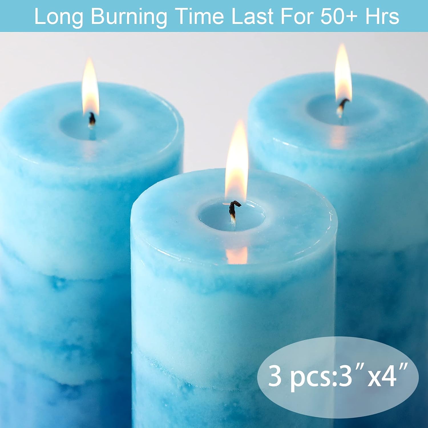 Blue Pillar Candles for Home Scented, Set of 3 Strong Ocean Fragrance Scented Candles, 50+ Hrs Long Burning Candles Set