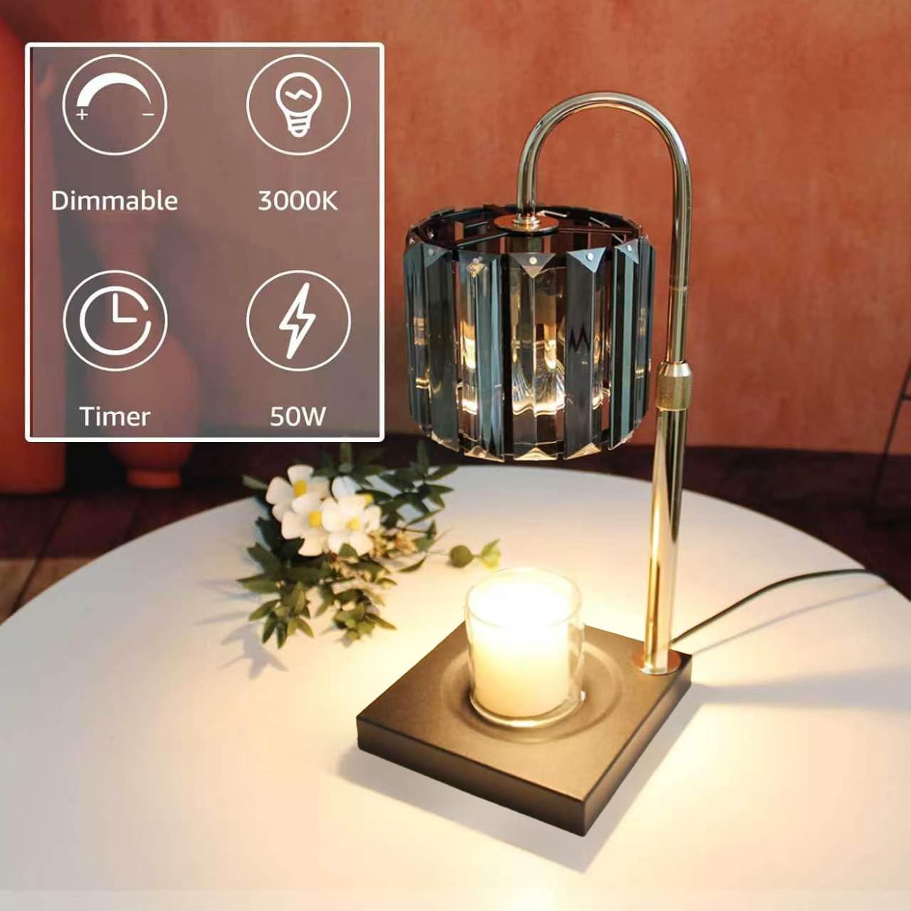 Yuichoy Candle Warmer Lamp with Timer, Dimmable Electric Candle Wamer Adjustable Height, Gifts for Women Mom, Glass Modern Candles Melter Lamp, Black