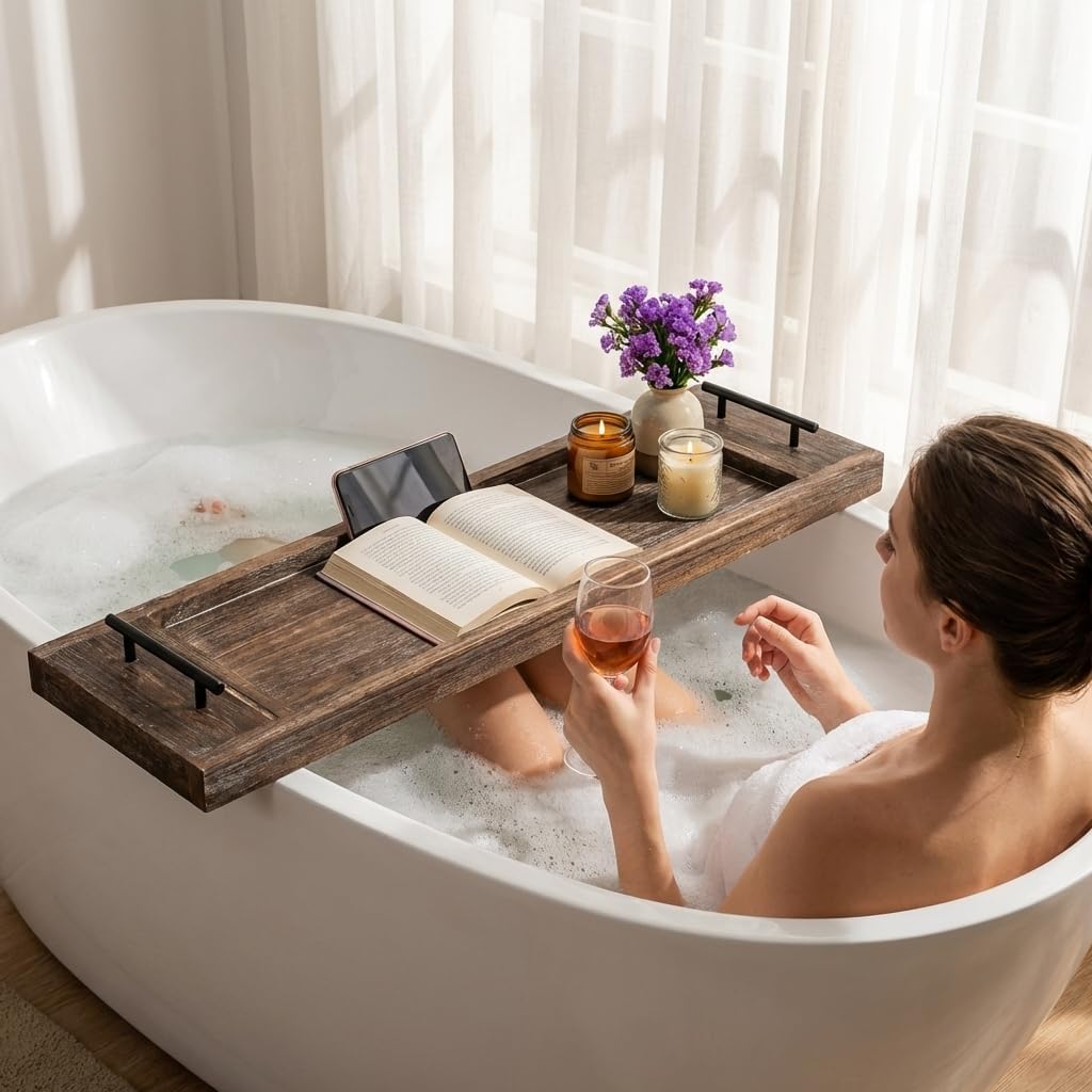 Hanobe Bathtub Tray Bath Caddy: Wood Bath Tub Trays Table Board - Rustic Bathtub Shelf Across Tub - Long Wooden Serving Tray with Handles for Bathroom, 31"