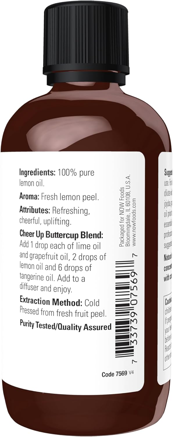 NOW Essential Oils, Lemon Oil, Cheerful Aromatherapy Scent, Cold Pressed, 100% Pure, Vegan, Child Resistant Cap, 4-Ounce