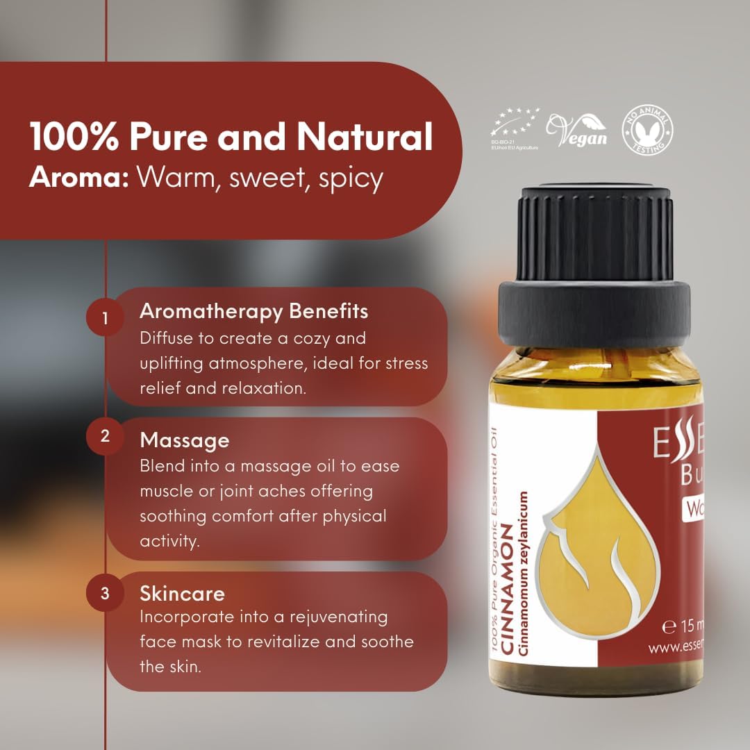 Essences Bulgaria Organic Ceylon Cinnamon Essential Oil 0.51 Fl Oz 15ml Cinnamomum Zeylanicum - 100% Pure and Natural Undiluted Therapeutic Grade Aromatherapy for Diffusers Home Humidifier