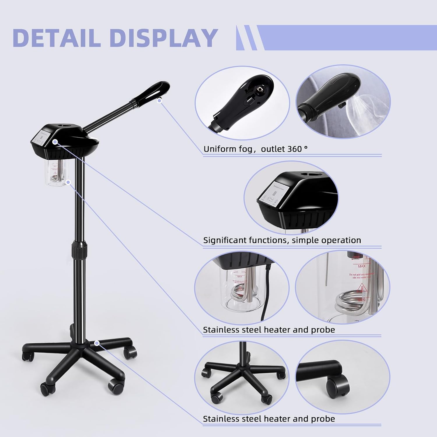 Retain time Facial Steamer, Face Steamer on on Wheels with More Steam, Adjustable Height for Face Steamer Suitable for Personal Home and Professional Personal Care Places，Moisturizing and Hydrating.