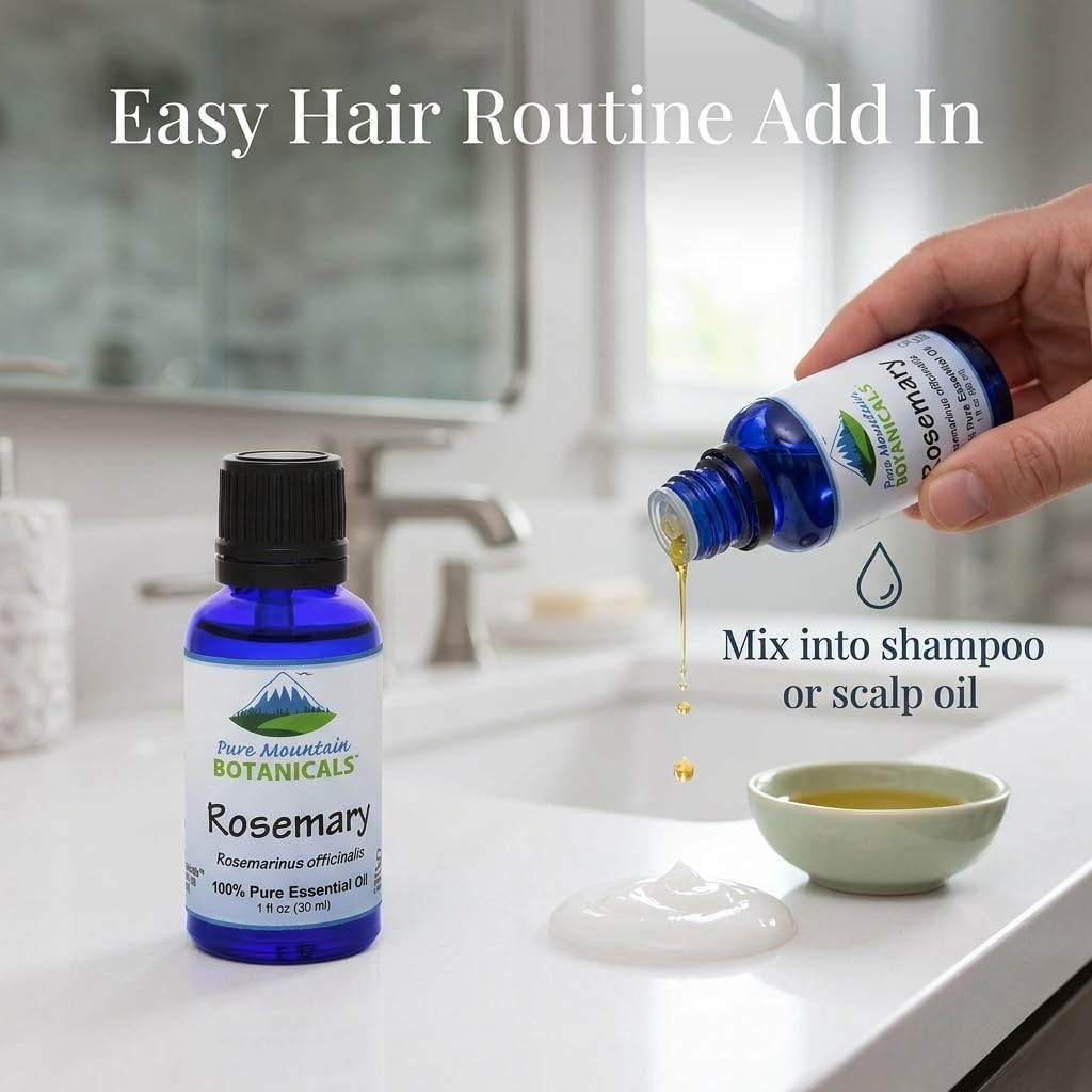 Pure Mountain Botanicals Rosemary Essential Oil - Pure, Undiluted, Steam Distilled - Spanish Rosemary - Kosher Certified - 1 fl oz (30 ml)